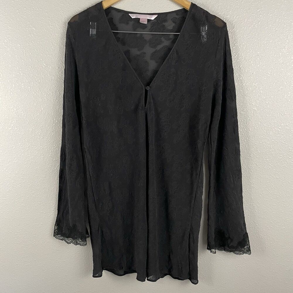 Victorias Secret Size L Black 100% Silk Sheer Tunic Dress Tonal Floral Jacquard